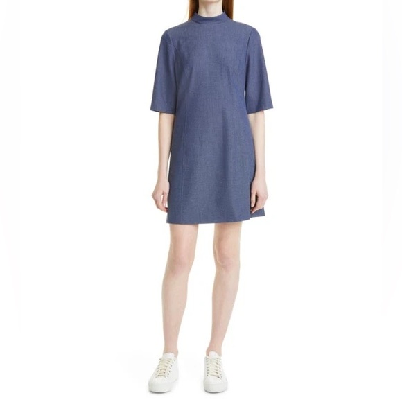 Alice + Olivia Coley Mock Neck A-Line Dress Medium Denim - Picture 3 of 13